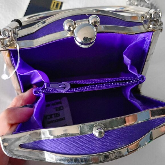 NWT Sasha Purple Satin Mini Bag Top-Handle + Metal Strap Retro Frame Purse - Picture 3 of 7